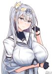  alternate_breast_size arm_under_breasts breasts fuyutsuki_(kancolle) grey_eyes hachimaki headband headgear highres kantai_collection large_breasts long_hair shiromaru_(maniado) shirt side_ponytail simple_background smile very_long_hair white_shirt 