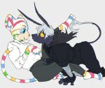  anthro clothed clothing destielconfession_(karina_farek) drawfee drawfee_(copyright) duo eye_contact fully_clothed fur gelert_(neopets) hand_on_crotch jumpstart_games karina_farek kougra looking_at_another male male/male markings multicolored_markings neopet_(species) neopets nervous_sweat rainbow_markings scoot_mckool_(karina_farek) striped_body striped_fur stripes tail 