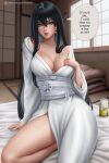  1girl absurdres architecture arduina_(arduin_art) black_hair blue_eyes breasts can cleavage colored_inner_hair come_hither earrings east_asian_architecture english_text hair_between_eyes highres indoors japanese_clothes jewelry kimono kyokou_suiri large_breasts lips long_hair multicolored_hair obi parted_lips patreon_username sash single_bare_leg sitting solo speech_bubble very_long_hair white_kimono yuki-onna_(kyokou_suiri) yuki_onna 