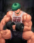  1boy absurdres artist_name bara black_shorts closed_mouth dumbbell exercise facial_hair fire_emblem fire_emblem:_the_blazing_blade fire_emblem_cipher green_hair hair_over_eyes highres holding kimakkun large_pectorals lowen_(fire_emblem) male_focus muscular muscular_male nipples pectorals short_hair shorts solo sweat tank_top weightlifting white_tank_top 