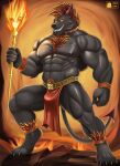  abs absurd_res anthro biceps biped black_body black_nipples body_hair bottomwear canid canid_demon canine chest_hair claws clothing collar demon feet hair hellhound hetaniel hi_res holding_object holding_staff loincloth looking_at_viewer male mammal muscular_thighs nipples orange_hair pecs red_collar solo solo_focus spiked_collar spikes staff standing tail teeth toe_claws toes 