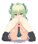  1girl absurdres aqua_panties black_socks blue_bow blunt_bangs blunt_ends blush bow closed_mouth commentary eyelashes eyes_visible_through_hair frilled_skirt frills green_hair green_skirt hair_bow hands_on_own_thighs highres kaon_zz knees_together_feet_apart knees_up long_hair looking_at_viewer miniskirt murasame_(senren) no_shoes official_alternate_costume panties polka_dot polka_dot_panties red_eyes school_uniform senren_banka simple_background sitting skirt smile socks solo thighs tsurime two_side_up underwear upturned_eyes white_background 