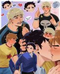  &gt;_&lt; 2boys artist_name black_hair black_pants black_shirt blue_pants blue_shirt blue_wristband blush brown_hair clemieart cosplay crying crying_with_eyes_open english_text food food_on_face french_kiss highres holding holding_food holding_hands kiss looking_at_another male_focus multiple_boys open_mouth pants scott_pilgrim scott_pilgrim_(cosplay) scott_pilgrim_(series) scott_pilgrim_takes_off shirt short_hair smile tears todd_ingram tongue tongue_out two-tone_shirt wallace_wells wristband yaoi yellow_shirt 