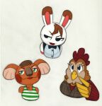  animal_crossing anthro ava_(animal_crossing) avian avian_caruncle beak big_ears bird black_eyes bow_tie breasts brown_body brown_feathers brown_hair bust_portrait canberra_(animal_crossing) chicken chubby_cheeks clothing comb_(anatomy) dress eyelashes feather_hands feathers female fur galliform gallus_(genus) green_eyes grey_nose group hair half-closed_eyes head_crest head_tuft hi_res koala lagomorph leporid lipstick looking_aside looking_up makeup mammal marsupial narrowed_eyes neck_tuft nintendo noseless orange_body orange_fur pattern_clothing phasianid portrait rabbit red_cheeks red_clothing red_sweater red_topwear shirt simple_background smile squealydealy striped_clothing stripes sweater tank_top tiffany_(animal_crossing) topwear trio tuft uniform vombatiform white_body white_fur winged_arms wings 