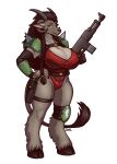  2023 anthro armor big_breasts black_hair blazbaros bovid braided_hair breasts caprine cleavage clothed clothing cloven_hooves eyebrows eyelashes female fur goat grey_body grey_fur gun hair hand_on_hip hi_res holding_gun holding_object holding_weapon hooves horn huge_breasts knee_pads leotard long_hair looking_at_viewer mammal orange_eyes ranged_weapon shoulder_guards solo straps tail tail_tuft thick_thighs tuft unguligrade warhammer_(franchise) warhammer_40000 weapon 