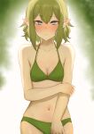  1girl alternate_costume bikini blue_eyes blush breasts closed_mouth collarbone commentary_request dungeon_ni_deai_wo_motomeru_no_wa_machigatteiru_darou_ka elf frown gobi_(jtnyrwbkohiqsuldg) green_bikini green_hair hair_between_eyes highres holding_own_arm looking_at_viewer medium_breasts navel nervous pointy_ears ryu_lion shiny_skin short_hair simple_background solo standing stomach swimsuit 