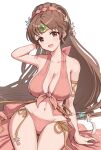  1girl :d absurdres bare_shoulders bikini blush breasts brown_eyes brown_hair circlet cleavage collarbone fire_emblem fire_emblem:_mystery_of_the_emblem fire_emblem_heroes gonzarez hair_ornament highres jewelry large_breasts linde_(summer)_(fire_emblem) long_hair looking_at_viewer navel official_alternate_costume open_mouth pink_bikini ponytail simple_background smile solo starfish starfish_hair_ornament swimsuit very_long_hair white_background 