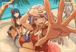  3girls beach bikini black_bikini blue_eyes blue_hair breasts byleth_(female)_(fire_emblem) byleth_(fire_emblem) cleavage commentary edelgard_von_hresvelg fire_emblem fire_emblem:_three_houses fire_emblem_heroes flower foreshortening green_little hair_flower hair_ornament large_breasts long_hair looking_at_viewer multiple_girls official_alternate_costume one-piece_swimsuit open_mouth purple_eyes red_flower red_one-piece_swimsuit rhea_(fire_emblem) swimsuit thighs white_hair white_one-piece_swimsuit 
