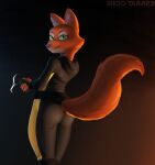  anthro belt black_clothing bodysuit butt canid canine clothed clothing diane_foxington dreamworks female fox fur furry_tail grappling_hook green_eyes hi_res inner_ear_fluff mammal orange_body shido-tara simple_background skinsuit solo tail the_bad_guys tight_clothing tuft 