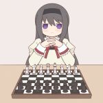  1girl akemi_homura bishop_(chess) black_hair blush chess_piece chessboard closed_mouth highres king_(chess) knight_(chess) long_hair long_sleeves mahou_shoujo_madoka_magica own_hands_clasped own_hands_together pawn_(chess) purple_eyes queen_(chess) rook_(chess) solo yuno385 