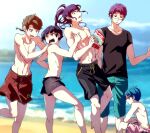  5boys aqua_pants artist_name beach black_eyes black_male_swimwear black_shirt blue_eyes blue_hair braid bright_pupils brown_hair commentary_request day employee_(lobotomy_corporation) english_text frog_hair_ornament hair_ornament hand_on_another&#039;s_shoulder highres hinamikan holding holding_magazine lobotomy_corporation long_hair magazine_(object) male_swimwear multiple_boys navel no_nipples open_mouth original outdoors pink_male_swimwear ponytail project_moon purple_eyes purple_hair red_male_swimwear shirt short_hair short_sleeves sitting smile sparkle sweat swim_trunks t-shirt toned topless_male white_pupils 