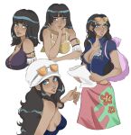  1girl absurdres armlet bag black_hair blue_dress blue_eyes blue_shirt blunt_bangs breasts cleavage dress eiriseth english_commentary eyewear_on_head floral_print hand_on_own_chin hat highres holding holding_paper long_hair medium_hair multiple_tails nico_robin one_piece paper pink_sarong purple_bag purple_shirt sarong shirt shoulder_bag sidelocks simple_background smile solo tail white_background white_headwear 
