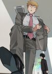  2boys :o artist_name belt belt_buckle black_belt black_footwear black_hair black_jacket black_pants brown_hair buckle collared_shirt commentary dress_shirt english_commentary from_below gakuran grey_jacket grey_pants indoors jacket kadeart kageyama_shigeo lapels long_sleeves looking_at_viewer looking_down looking_to_the_side male_focus mob_psycho_100 multiple_boys necktie open_clothes open_jacket open_mouth pants pink_necktie reigen_arataka school_uniform shirt shirt_tucked_in shoes short_hair signature standing v-shaped_eyebrows vent_(object) white_shirt wing_collar 