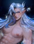  1boy abs absurdres air_bubble blue_hair blush bubble closed_mouth dark_background floating_hair genshin_impact hair_between_eyes highres hikary_bw long_hair looking_up male_focus multicolored_hair muscular muscular_male navel neuvillette_(genshin_impact) nipples parted_bangs pectorals pointy_ears purple_eyes sidelocks simple_background solo streaked_hair swimming topless_male underwater very_long_hair watermark white_hair 