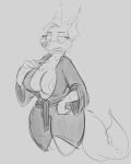  2023 anthro areola areola_slip bathrobe big_breasts black_and_white bodily_fluids breasts chest_tuft cleavage clothed clothing curvy_figure dipstick_ears dipstick_tail disney eyelashes female fur hand_on_breast looking_down_at_self markings mature_female monochrome mrs._wilde multicolored_ears nipples robe sketch solo sweat sweaty_breasts tail tail_markings tuft visiti voluptuous voluptuous_female wardrobe_malfunction zootopia 