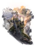  1girl absurdres ak-15_(girls&#039;_frontline) android assault_rifle camouflage camouflage_pants explosion girls&#039;_frontline gun handgun highres hongsir load_bearing_vest military pants plate_carrier rifle shirt striped striped_shirt tactical_clothes telnyashka weapon white_hair white_helmet 