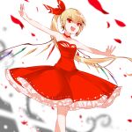  1girl alternate_costume alternate_hairstyle blonde_hair blurry blurry_background dress fang feet_out_of_frame flandre_scarlet frilled_dress frills hair_between_eyes long_hair mindoll multicolored_wings one-hour_drawing_challenge open_mouth petals red_dress red_eyes red_petals rose_petals solo t-pose touhou very_long_hair wings 