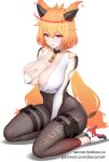  1girl bodysuit breasts buttons deep_skin feet grabbing grabbing_own_breast halo high_heels highres horns katrena_(vtuber) large_breasts long_hair low_twintails navel open_mouth orange_hair original secon shoes skin_tight solo thigh_strap thighs twintails very_long_hair 