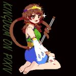  1girl barefoot blue_dress blush_stickers brown_hair circlet detached_sleeves dress green_dress highres kingdom_(user_ysav4824) long_hair low_twintails monkey_tail multicolored_clothes multicolored_dress open_mouth pixel_art red_eyes ruyi_jingu_bang single_detached_sleeve smile solo son_biten tail test_tube touhou twintails white_sleeves yellow_dress 