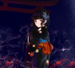  1girl artist_name back_bow black_hair black_kimono blue_background bow candle closed_mouth commentary english_commentary enma_ai floral_print from_behind frown holding holding_candle japanese_clothes jigoku_shoujo kikkidream kimono long_hair long_sleeves looking_at_viewer looking_back obi red_bow red_eyes red_sash red_spider_lily sash smoke solo straight_hair torii wide_sleeves 