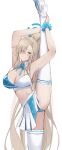  1girl absurdres asuna_(blue_archive) blue_archive blue_eyes blush breasts cheerleader cleavage detached_collar grin hair_over_one_eye halterneck highres large_breasts light_brown_hair long_hair millennium_cheerleader_outfit_(blue_archive) navel pleated_skirt ref_(pmxt4483) simple_background skirt smile solo thighhighs white_background white_skirt white_thighhighs 