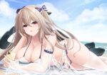  1girl anchorage_(azur_lane) anchorage_(dolphins_and_swim_lessons)_(azur_lane) azur_lane beach bikini bow breasts cleavage collarbone detached_sleeves hair_between_eyes hair_bow heart holding holding_phone inflatable_orca inflatable_toy large_breasts light_brown_hair long_hair lying ocean official_alternate_costume parted_lips phone pink_eyes purple_bow rika_ryne see-through see-through_sleeves shore side-tie_bikini_bottom signature solo swimsuit thighhighs white_bikini white_thighhighs 