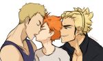  3boys age_difference black_eyes black_jacket blonde_hair blue_tank_top closed_eyes french_kiss grey_shirt haikyuu!! highres hinata_shouyou idoraad jacket kiss male_focus multiple_boys open_clothes open_jacket orange_hair portrait shirt simple_background smile takinoue_yusuke tank_top tongue tongue_out ukai_keishin white_background yaoi 