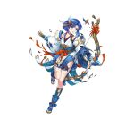  1girl arrow_(projectile) bare_shoulders blue_eyes blue_hair bow_(weapon) catria_(fire_emblem) catria_(winds_offered)_(fire_emblem) clenched_teeth damaged fire_emblem fire_emblem:_mystery_of_the_emblem fire_emblem_heroes headband holding holding_arrow japanese_clothes non-web_source official_alternate_costume official_art pelvic_curtain rope sandals shimenawa short_hair sleeves_past_wrists solo teeth torn_clothes v-shaped_eyebrows weapon white_background 