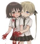  2girls absurdres behind_another black_necktie black_ribbon black_skirt blonde_hair blood blood_drip blood_on_clothes blood_on_face blood_on_hands blood_splatter blue_eyes blush brown_eyes brown_hair collared_shirt commentary_request cowboy_shot crying crying_with_eyes_open frown furrowed_brow hair_ribbon highres holding_another&#039;s_wrist kill_me_baby long_hair looking_at_another multiple_girls necktie nosebleed one_eye_closed oribe_yasuna pleated_skirt ribbon shaded_face shirt short_sleeves simple_background skirt sonya_(kill_me_baby) standing tears twintails wavy_mouth white_background white_shirt yasashii_naizou 
