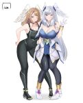  2girls artist_name black_bodysuit black_pantyhose blonde_hair blue_eyes bodysuit breast_tattoo breasts cleavage collarbone curly_hair eunie_(xenoblade) hand_on_own_hip head_wings highres icoo large_breasts long_hair melia_antiqua multiple_girls pantyhose sleeveless strapless tattoo turtleneck very_long_hair white_wings wings xenoblade_chronicles_(series) xenoblade_chronicles_3 