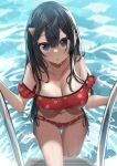  1girl :o bikini breasts cleavage collarbone commentary grey_eyes hair_ornament hairclip highres huge_breasts long_hair looking_at_viewer love_live! love_live!_nijigasaki_high_school_idol_club one_side_up polka_dot polka_dot_bikini pool pool_ladder red_bikini sasanon_(sasapoliton) sidelocks solo swimsuit water wet yuuki_setsuna_(love_live!) 