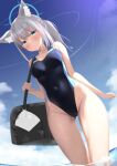  1girl animal_ear_fluff animal_ears ass_visible_through_thighs bag blue_archive blue_eyes blue_sky breasts cameltoe closed_mouth cloud competition_swimsuit covered_navel cross_hair_ornament day dutch_angle grey_hair groin hair_ornament halo highleg highleg_swimsuit highres holding holding_bag medium_breasts miyakoshin053 one-piece_swimsuit outdoors ponytail shiroko_(blue_archive) shiroko_(swimsuit)_(blue_archive) sky solo swimsuit thighs wading water wide_hips wolf_ears wolf_girl 