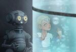  1boy 1girl android azi-3 blonde_hair bubble child commentary_request droid flask hand_on_glass highres jewelry junchan_nyan kamino_(planet) laboratory omega_(star_wars) robot science_fiction scientist star_wars star_wars:_the_bad_batch uniform yellow_eyes 