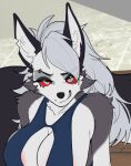  anthro areola areola_slip bikini breasts canid canid_demon cleavage clothed clothing demon eyebrow_piercing facial_piercing female fur grey_body grey_fur grey_hair grin hair hellhound helluva_boss inner_ear_fluff kambo looking_at_viewer loona_(helluva_boss) mammal partially_clothed piercing red_eyes smile solo swimwear tuft white_body white_fur 