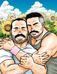  2boys ^_^ arm_hair banjyaku bara beard_stubble closed_eyes couple facing_viewer field flower flower_field green_tank_top hand_hair happy heads_together hug long_sideburns male_focus mature_male multiple_boys muscular muscular_male mutual_hug old old_man original pectoral_cleavage pectoral_squeeze pectorals receding_hairline short_hair sideburns sideburns_stubble sunflower tank_top thick_eyebrows thick_mustache upper_body wrinkled_skin yaoi 