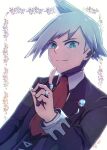  1boy aqua_eyes aqua_hair closed_mouth collared_shirt highres index_finger_raised jacket jewelry kotobukkii_(yt_lvlv) long_sleeves looking_at_viewer male_focus necktie open_clothes open_jacket pokemon pokemon_(game) pokemon_oras red_necktie ring shirt short_hair smile solo steven_stone white_shirt 