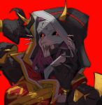  1girl android apex_legends ash_(titanfall_2) black_sclera cable claw_pose colored_sclera commentary highres hood hood_up horns inner_demon_ash jacket mask official_alternate_costume portrait purple_hair red_background red_eyes red_jacket ruu47 simulacrum_(titanfall) smile solo symbol-only_commentary 
