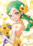  1girl alternate_costume alternate_hairstyle arutarika_(ri_kaoekaki) bare_shoulders bouquet braid braided_ponytail dress earrings eyelashes falling_petals flower green_eyes green_hair grin hair_flower hair_ornament highres jewelry lisia_(pokemon) long_hair petals pokemon pokemon_(game) pokemon_oras shoulder_blades sleeveless sleeveless_dress smile solo teeth upper_body yellow_dress yellow_flower 