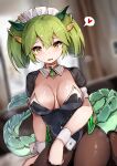  1girl black_leotard blush breasts covered_navel dragon_girl dragon_horns dragon_tail duel_monster green_horns green_tail heart highres horns large_breasts leotard long_hair looking_at_viewer open_mouth pantyhose parlor_dragonmaid playboy_bunny se-u-ra smile spoken_heart strapless strapless_leotard tail twintails wrist_cuffs yellow_eyes yu-gi-oh! 