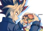  2boys black_hair blonde_hair burger commentary_request drink food highres holding holding_food in_food jacket male_focus millennium_puzzle multicolored_hair multiple_boys mutou_yuugi red_eyes red_hair simple_background spot_dian sweatdrop upper_body white_background yami_yuugi yu-gi-oh! yu-gi-oh!_duel_monsters 