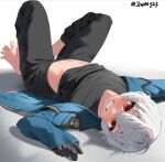  1boy barefoot bishounen black_gloves black_pants black_shirt blue_jacket eyelashes feet gloves grey_hair jacket jjw1029 knees_up kuga_yuuma looking_at_viewer lying male_focus navel on_back pants red_eyes shirt short_hair solo spread_toes teeth toenails toes twitter_username world_trigger 