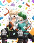  2boys bakugou_katsuki black_bodysuit blonde_hair blush bodysuit boku_no_hero_academia closed_eyes collarbone commentary_request confetti freckles gloves green_bodysuit green_hair happy highres hkt26as knee_pads male_focus midoriya_izuku multiple_boys open_mouth short_hair simple_background sitting smile spiked_hair teeth white_background 