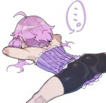  ... 1girl ahoge armpits arms_up ass bike_shorts cameltoe commentary_request crossed_arms dress facing_away feet_out_of_frame highres kneepits light_purple_hair lying microdress on_stomach purple_dress ribbed_dress short_hair_with_long_locks simple_background solo split spoken_ellipsis strapless strapless_dress toriniku29 vocaloid voiceroid white_background yuzuki_yukari 