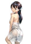  1girl :d absurdres ass black_hair brown_eyes commentary_request cowboy_shot dress emutsuichi hair_ribbon hand_up highres knee_up long_hair looking_at_viewer looking_back original panties ribbon see-through see-through_dress see-through_silhouette simple_background smile solo standing thighs underwear white_background white_dress white_panties white_ribbon 