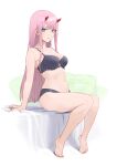  1girl absurdres barefoot black_bra black_panties bra breasts carlo_montie closed_mouth darling_in_the_franxx full_body green_eyes highres horns long_hair medium_breasts nail_polish navel panties pink_hair red_horns red_nails sitting solo stomach straight_hair thighs toenail_polish toenails underwear underwear_only zero_two_(darling_in_the_franxx) 