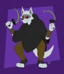  absurd_res canid canine canis cloak clothing death_(puss_in_boots) doggettdouglasmcdog glowing glowing_eyes hi_res male mammal purple_background sickle simple_background solo teeth wolf wraps wrist_wraps 