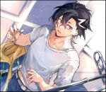  1boy belt black_hairband blue_eyes blue_pants changing_room clothes_hanger collarbone dutch_angle fate/grand_order fate_(series) grey_belt hair_between_eyes hairband highres holding_clothes_hanger hood hooded_jacket jacket light_particles lower_teeth_only male_focus mandricardo_(fate) midriff_peek multicolored_hair open_mouth pants shirt short_hair short_sleeves solo streaked_hair surprised teeth tumikilondon5 white_shirt 