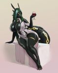  alcohol anthro anthrofied beverage big_breasts black_sclera breasts clothed clothing feet female fingers generation_3_pokemon green_body green_hair hair hi_res huge_breasts legendary_pokemon long_hair looking_at_viewer nintendo odisia pokemon pokemon_(species) pokemorph rayquaza red_eyes sitting solo thick_thighs toes wine 