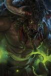  2018 abs anthro biceps black_hair blizzard_entertainment bovid bovine braided_hair digital_drawing_(artwork) digital_media_(artwork) digital_painting_(artwork) dopq glowing glowing_eyes green_eyes hair hi_res highmountain_tauren horn light male mammal markings muscular muscular_anthro muscular_male night pecs raining solo tauren teeth unfinished warcraft 