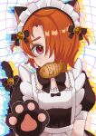  1boy animal_ears animal_hands apron black_bow black_bowtie blush bow bowtie cat_boy cat_ears cat_tail food hair_over_one_eye highres hirogaru_sky!_precure maid maid_apron male_focus mii_(mii_chan11) orange_hair precure puffy_short_sleeves puffy_sleeves red_eyes short_sleeves solo tail tail_bow tail_ornament taiyaki wagashi yuunagi_tsubasa 